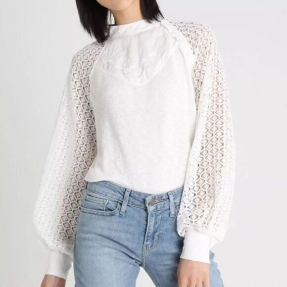 ✨Free People Sweetest Thing Thermal/Lace White Long Sleeve Sz Small Top✨ - Picture 4 of 9